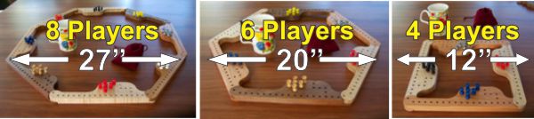 4, 6, and 8 player Pegs and Jokers Game sizes