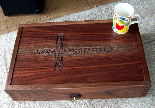 walnut wood box for antique crucifix