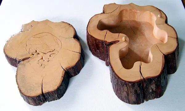 cypress slab box with carved skull